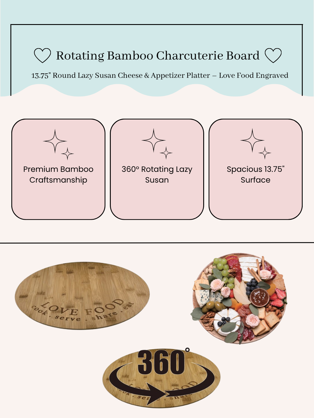 Rotating Bamboo Charcuterie Board, 13.75" Round Lazy Susan Cheese & Appetizer Platter – Love Food Engraved
