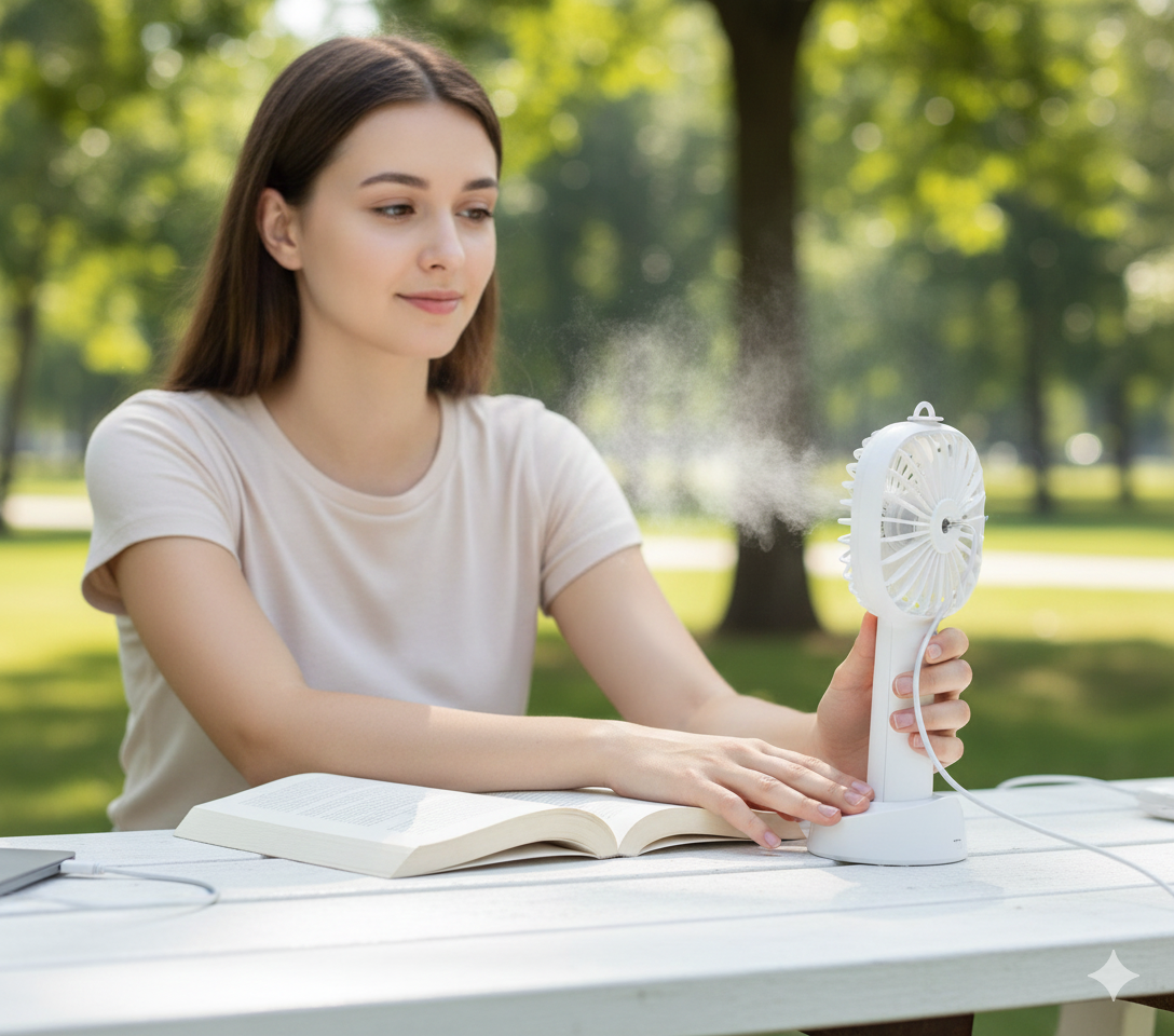 Portable Rechargeable Handheld Misting Fan – USB Rechargeable, Lightweight, Mini Personal Fan with Water Mist Spray – White