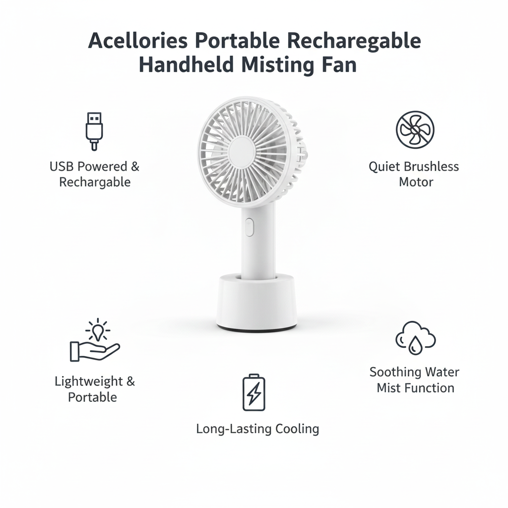 Portable Rechargeable Handheld Misting Fan – USB Rechargeable, Lightweight, Mini Personal Fan with Water Mist Spray – White