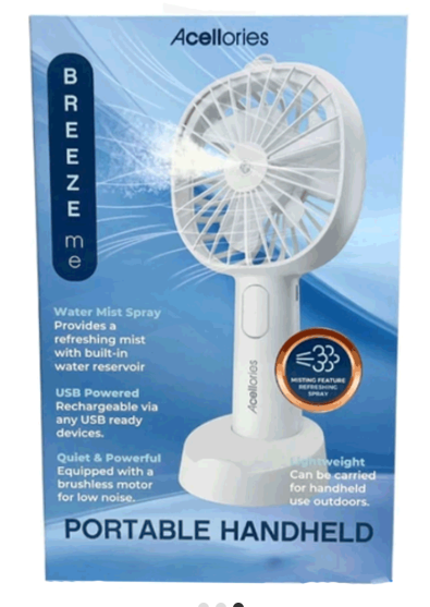 Portable Rechargeable Handheld Misting Fan – USB Rechargeable, Lightweight, Mini Personal Fan with Water Mist Spray – White