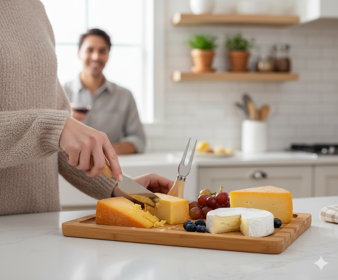 Cheese Server Board with Accessories Set – 13" x 7.5" Wooden Cheese Platter with 3 Stainless Steel Tools for Entertaining, Wine & Cheese Parties