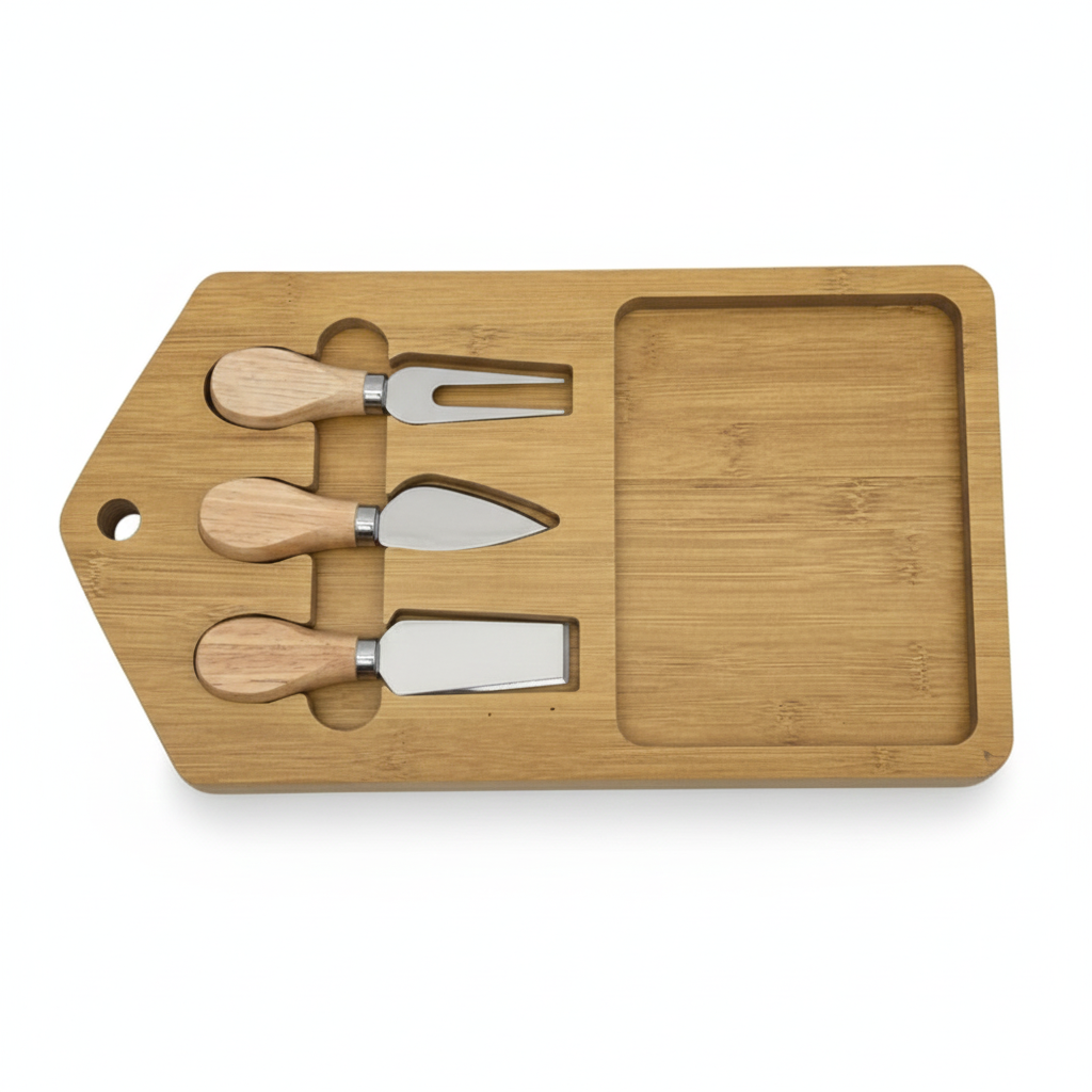Cheese Server Board with Accessories Set – 13" x 7.5" Wooden Cheese Platter with 3 Stainless Steel Tools for Entertaining, Wine & Cheese Parties