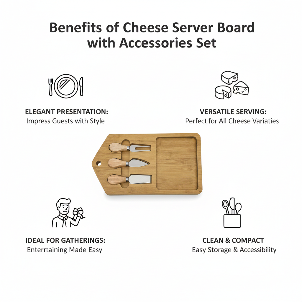 Cheese Server Board with Accessories Set – 13" x 7.5" Wooden Cheese Platter with 3 Stainless Steel Tools for Entertaining, Wine & Cheese Parties