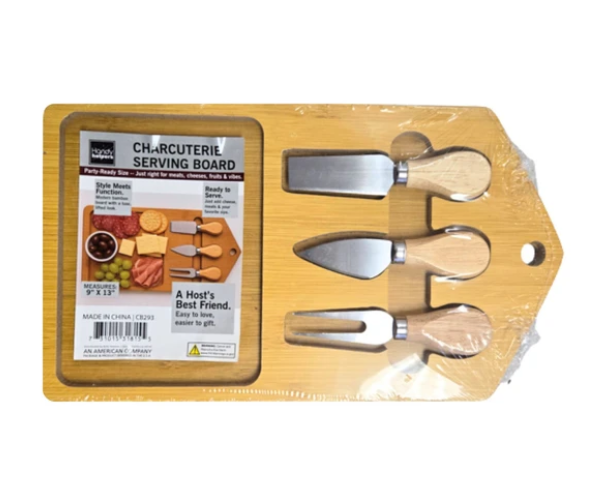 Cheese Server Board with Accessories Set – 13" x 7.5" Wooden Cheese Platter with 3 Stainless Steel Tools for Entertaining, Wine & Cheese Parties