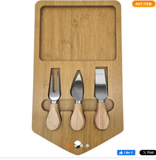 Cheese Server Board with Accessories Set – 13" x 7.5" Wooden Cheese Platter with 3 Stainless Steel Tools for Entertaining, Wine & Cheese Parties