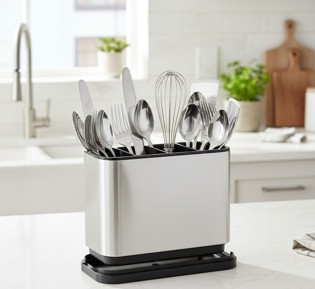 Stainless Steel Utensil Holder with Drain Holes – Cutlery Drainer/Knife & Spoon Organizer for Kitchen Counter or Sink