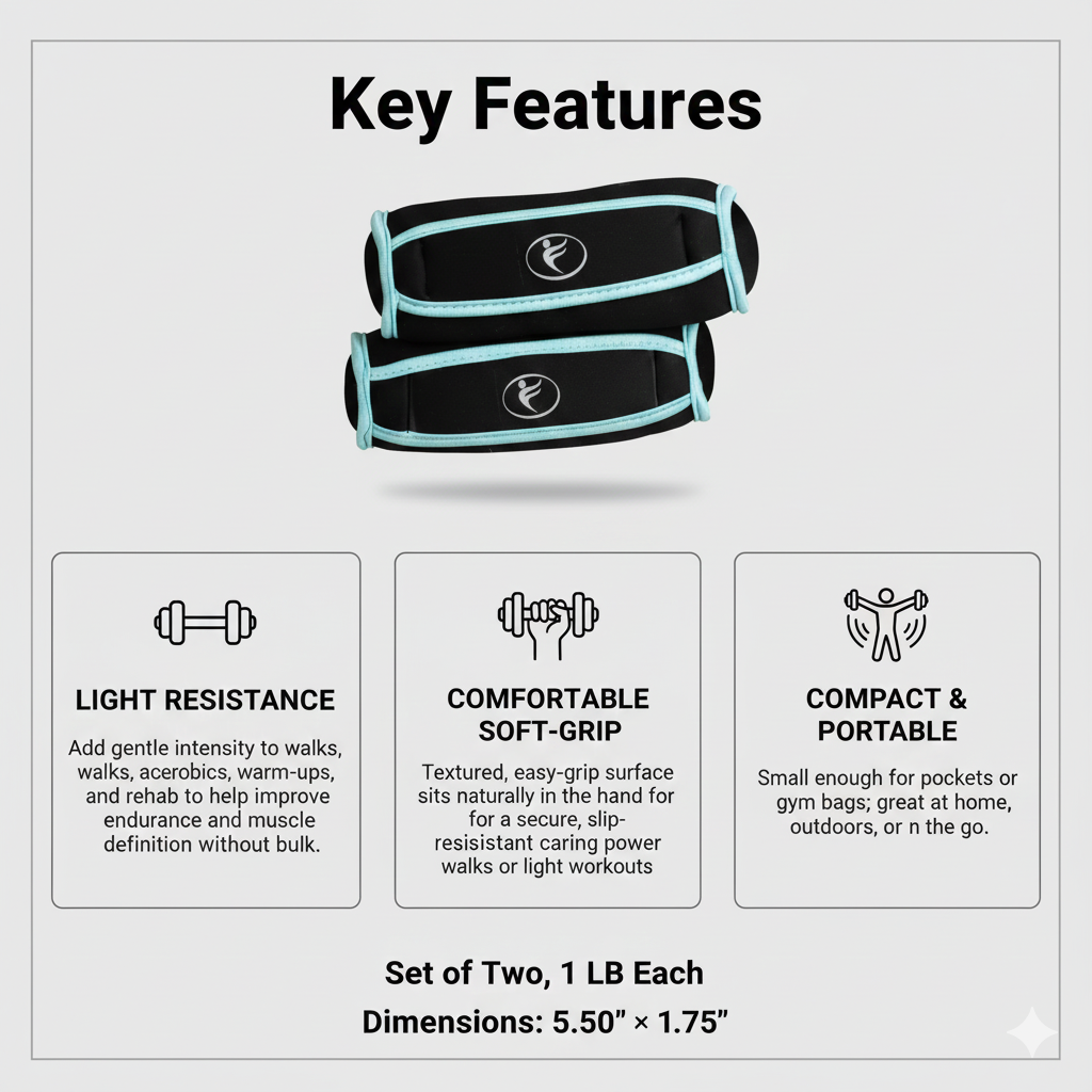 Walking Weights 2-Pack (1 lb Each) – Soft-Grip Hand Weights for Cardio, Power Walking & Toning