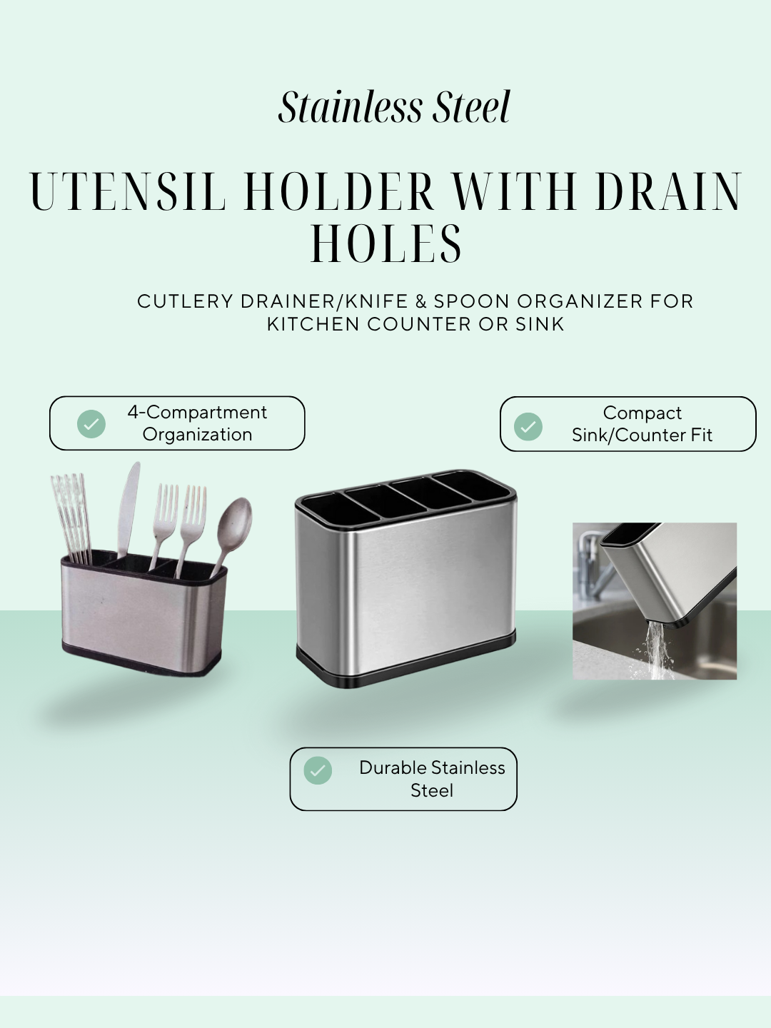 Stainless Steel Utensil Holder with Drain Holes – Cutlery Drainer/Knife & Spoon Organizer for Kitchen Counter or Sink